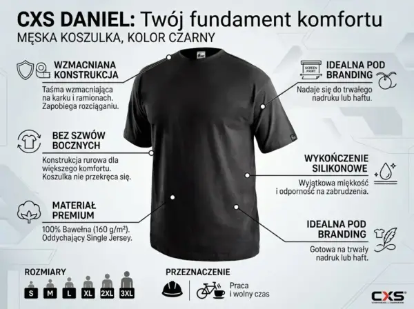 Koszulka T-shirt Daniel czarny - infografika produktowa ukazująca przód odzieży pod lekkim kątem wraz z liniami i ikonami opisującymi kluczowe cechy materiału oraz konstrukcji - na jasnoszarym, technicznym tle
