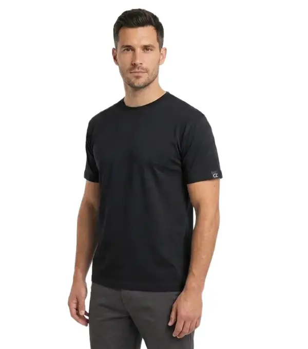 Koszulka T-shirt Daniel czarny założona na modela, widok z przodu pod lekkim kątem. Widoczny gładki materiał, okrągły dekolt, krótkie rękawy oraz mała ciemna metka z logo na lewym rękawie, wycięte na białym tle studyjnym.