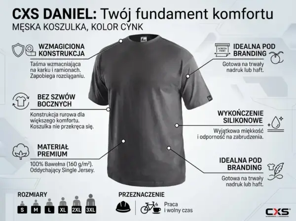 Koszulka t-shirt Daniel szary - widok z przodu pod kątem na niewidocznym manekinie, z odnośnikami tekstowymi opisującymi wzmocnioną konstrukcję, brak szwów i materiał premium - infografika produktowa na jasnoszarym tle z piktogramami rozmiarów.
