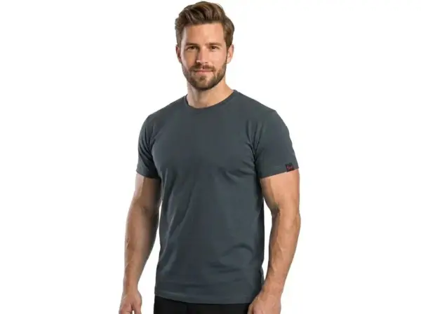 Grafitowy T-shirt męski Nolan - dopasowana ciemnoszara koszulka z krótkim rękawem i małą czerwoną wszywką na lewym rękawie, zaprezentowana z przodu na modelu - wycięte na białym tle studyjnym.