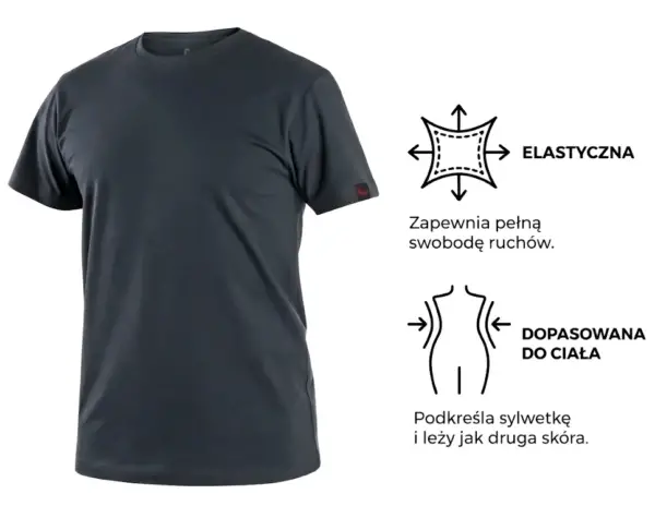Koszulka t-shirt Nolan grafit - widok z przodu na niewidocznym manekinie, obok widoczne dwie ikony informacyjne z opisami właściwości materiału: elastyczna i dopasowana do ciała - wycięte na białym tle studyjnym.