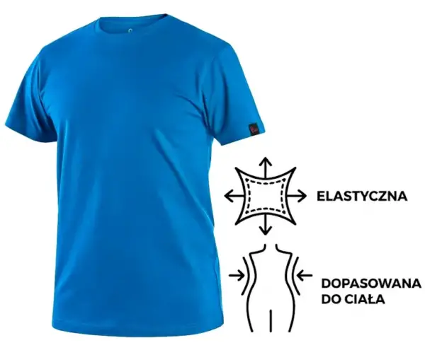 Niebieski T-shirt Nolan - widok z przodu pod kątem z widocznymi obok czarnymi ikonami informacyjnymi "ELASTYCZNA" i "DOPASOWANA DO CIAŁA" - wycięte na białym tle studyjnym