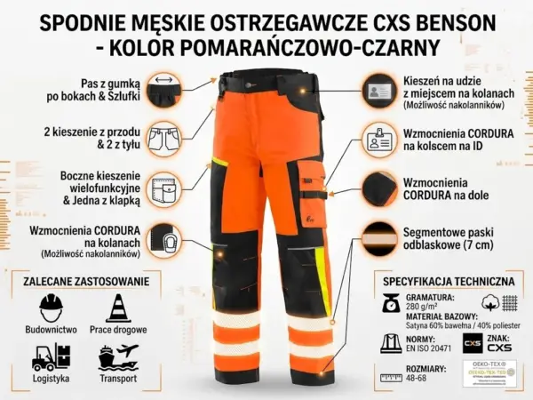 Spodnie do pasa Benson ostrzegawcze pomarańczowe - infografika produktowa prezentująca przód odzieży z odnośnikami do detali takich jak kieszenie wielofunkcyjne, wzmocnienia Cordura na kolanach i segmentowe taśmy odblaskowe, wraz z ikonami specyfikacji technicznej i zastosowania - na jasnym tle studyjnym