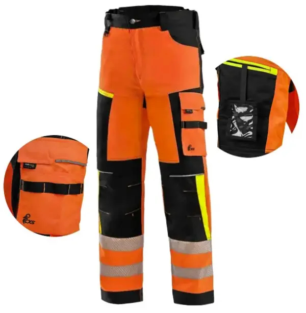 Spodnie do pasa Benson ostrzegawcze pomarańczowe - widok z przodu z czarnymi wstawkami i odblaskowymi pasami na nogawkach, wraz z dwoma okrągłymi zbliżeniami na wielofunkcyjne kieszenie boczne i miejsce na identyfikator - wycięte na białym tle studyjnym.