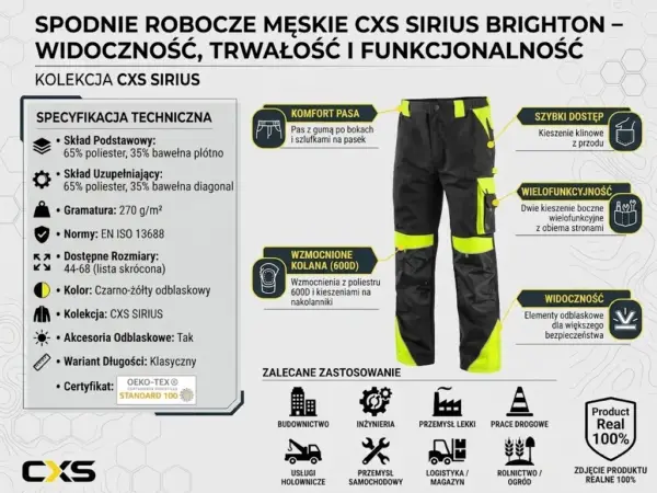 Spodnie do pasa Brighton - czarno-żółte z elementami odblaskowymi ukazane od przodu na infografice produktowej zawierającej specyfikację techniczną, opisy detali i ikony branżowe - na jasnym tle z liniami topograficznymi.