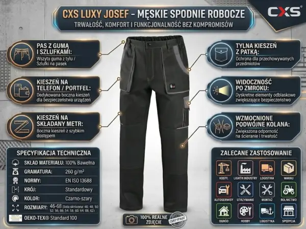Spodnie do pasa CXS Luxy Josef - infografika produktowa ukazująca przód czarno-szarych spodni z odnośnikami do kluczowych cech (kieszenie, wzmocnienia kolan, pas z gumą) oraz tabelami specyfikacji technicznej i zalecanego zastosowania na industrialnym tle