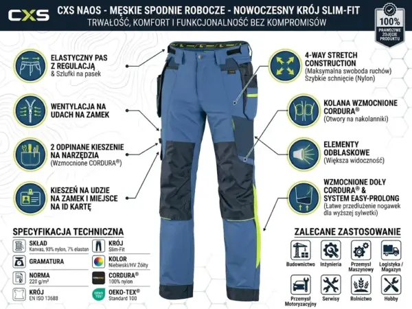 Męskie spodnie do pasa CXS Naos w kolorze niebieskim - widok z przodu wyeksponowany jako główny element infografiki, otoczony okrągłymi ikonami z opisami cech takich jak elastyczny pas, wzmocnienia Cordura na kolanach i kieszeniach, u dołu grafiki znajduje się specyfikacja techniczna oraz piktogramy zalecanych branż - na jasnym tle z delikatnym motywem plastra miodu.