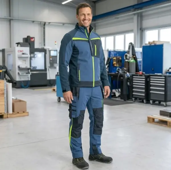 Niebieskie spodnie robocze do pasa Naos zaprezentowane na uśmiechniętym modelu w pełnej sylwetce od przodu. Widoczne ciemnoszare panele wzmacniające na kolanach i udach, odstające kieszenie monterskie oraz jaskrawożółte detale. Mężczyzna ubrany w komplet odzieży stoi na jasnej hali produkcyjnej z widocznymi w tle maszynami CNC i szafkami narzędziowymi.