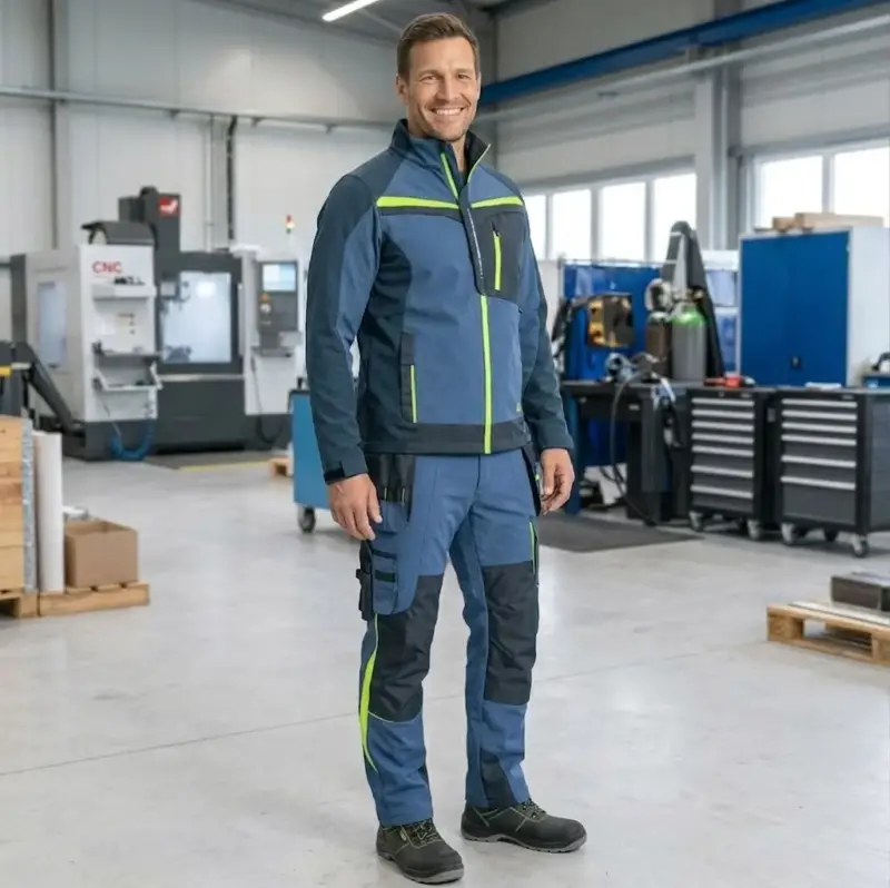 Niebieskie spodnie robocze do pasa Naos zaprezentowane na uśmiechniętym modelu w pełnej