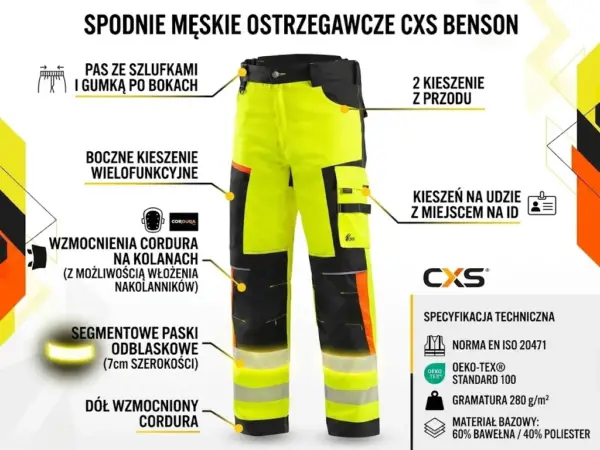 Męskie spodnie odblaskowe CXS Benson - infografika produktowa ukazująca przód żółto-czarnych spodni z liniami wskazującymi na kluczowe cechy: wzmocnienia z Cordury na kolanach i nogawkach, segmentowe pasy odblaskowe oraz wielofunkcyjne kieszenie. Z prawej strony widoczna tabela ze specyfikacją techniczną i certyfikatami - grafika na białym tle z geometrycznymi akcentami.