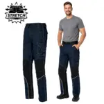 Spodnie robocze do pasa slim fit extreme - granatowe z czarnymi wstawkami na kolanach i białymi lamówkami, widok z przodu na sam produkt oraz na modelu w szarej koszulce, z grafiką STRETCH - wycięte na białym tle studyjnym.