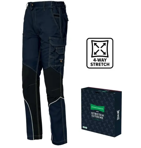 SPODNIE DO PASA SLIM FIT EXTREME - granatowe z czarnymi panelami na kolanach, jasnymi szwami i odblaskowymi lamówkami, obok piktogram 4-WAY STRETCH oraz granatowe opakowanie producenta Issaline, widok z przodu pod kątem - wycięte na białym tle studyjnym.
