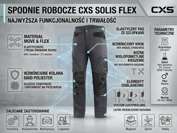 Męskie spodnie do pasa CXS Solis Flex - infografika produktowa ukazująca szaro-czarne spodnie od przodu z liniami wskazującymi kluczowe cechy: wzmocnienia na kolanach, elastyczny materiał, odblaski i system Easyprolong, otoczone ikonami parametrów technicznych i zastosowania - na jasnoszarym tle z motywem technicznym
