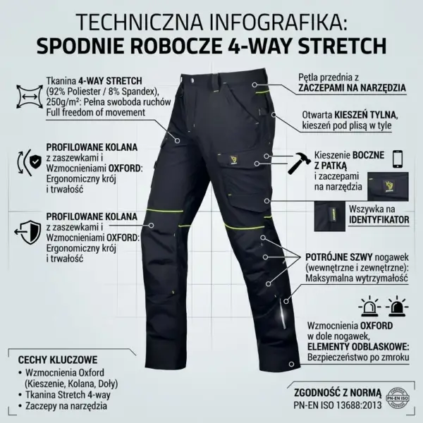 Czarne spodnie do pasa Trekpol - techniczna infografika ukazująca produkt z przodu pod kątem wraz z liniami wskazującymi kluczowe cechy materiału i kroju - na jasnoszarym tle z delikatną siatką.