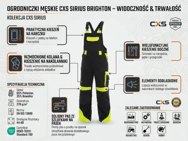 Spodnie ogrodniczki CXS Sirius Brighton - czarno-żółte, widok z przodu w formie infografiki prezentującej kluczowe cechy: kieszenie, wzmocnienia na kolanach i odblaski, wraz ze specyfikacją techniczną - na jasnym tle z topograficznym wzorem.