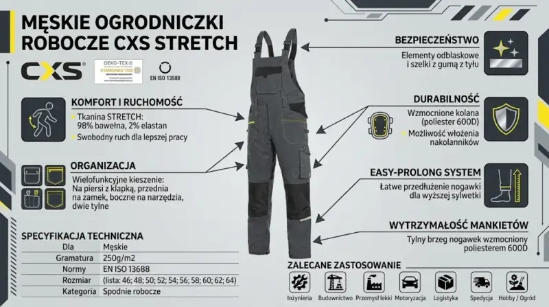 Męskie spodnie ogrodniczki CXS Stretch w kolorze ciemnoszarym