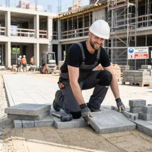 Ciemnoszare ogrodniczki robocze stretch - uśmiechnięty mężczyzna w białym kasku klęczy podczas układania płyt chodnikowych, trzymając poziomicę. Obok leży gumowy młotek, a do bocznej kieszeni spodni przypięta jest miarka zwijana. W tle widać rozmyty plac budowy z wózkiem widłowym, innymi pracownikami oraz tablicą informacyjną BHP.