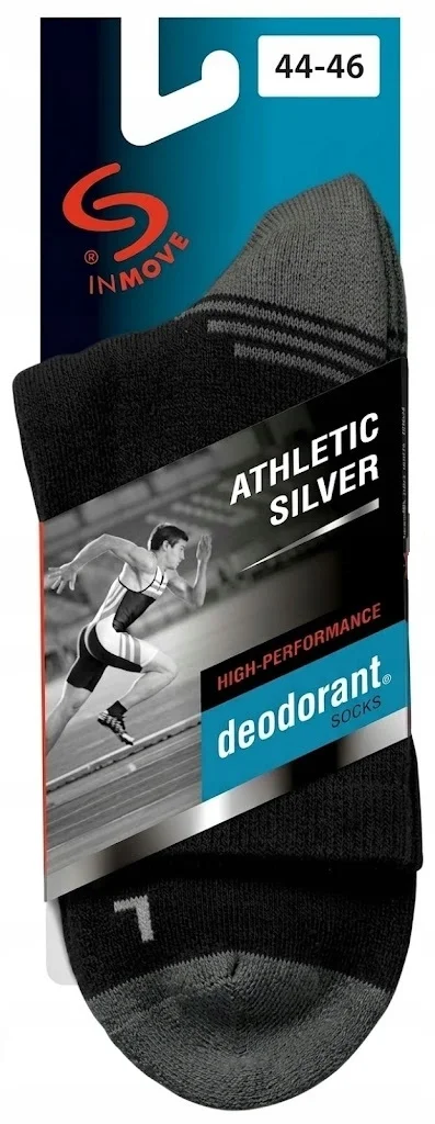 Czarne skarpety antybakteryjne Athletic Silver - widok z przodu na złożoną parę w tekturowej etykiecie z wizerunkiem sprintera, napisem deodorant SOCKS i rozmiarem 44-46, widoczne szare wykończenie palców z literą L - wycięte na białym tle studyjnym.