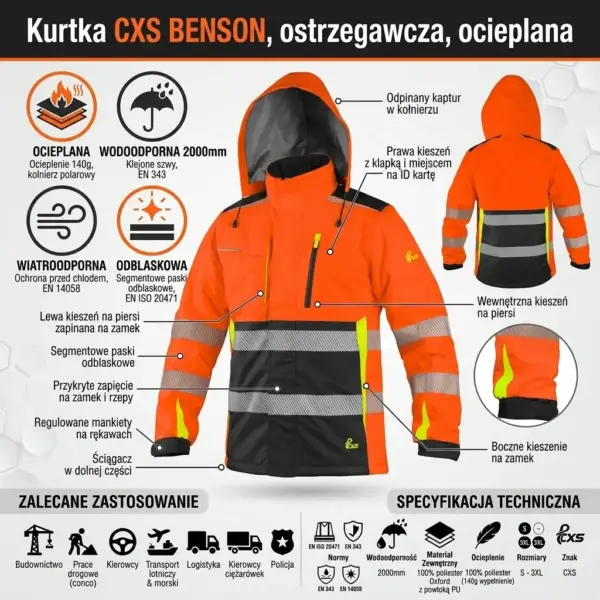 Pomarańczowa kurtka odblaskowa CXS Benson - infografika produktowa ukazująca główny widok z przodu oraz mniejszy z tyłu, z liniami wskazującymi detale takie jak segmentowane pasy, czarne panele u dołu, kaptur i liczne kieszenie, otoczona ikonami specyfikacji technicznej i zalecanego zastosowania - na jasnoszarym tle z subtelnym wzorem plastra miodu.