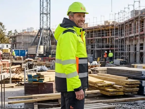 Zimowa kurtka robocza CXS Benson w kolorze żółtym - ujęcie z półprofilu na uśmiechniętym pracowniku w kasku, widoczne poziome pasy odblaskowe, czarne wstawki na dole i szary kaptur - na tle aktywnego placu budowy z rusztowaniami i deskami.