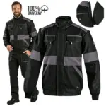 BLUZA Bawełniana 100% EDA - czarno-szara, widok z przodu na modelu oraz jako osobny produkt, z powiększeniem na zamek odpinanego rękawa i ikoną 100% bawełny - wycięte na białym tle studyjnym.