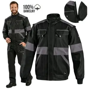 BLUZA Bawełniana 100% EDA - czarno-szara, widok z przodu na modelu oraz jako osobny produkt, z powiększeniem na zamek odpinanego rękawa i ikoną 100% bawełny - wycięte na białym tle studyjnym.
