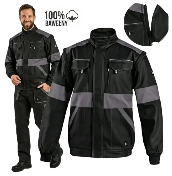 BLUZA Bawełniana 100% EDA - czarno-szara, widok z przodu na modelu oraz jako osobny produkt, z powiększeniem na zamek odpinanego rękawa i ikoną 100% bawełny - wycięte na białym tle studyjnym.