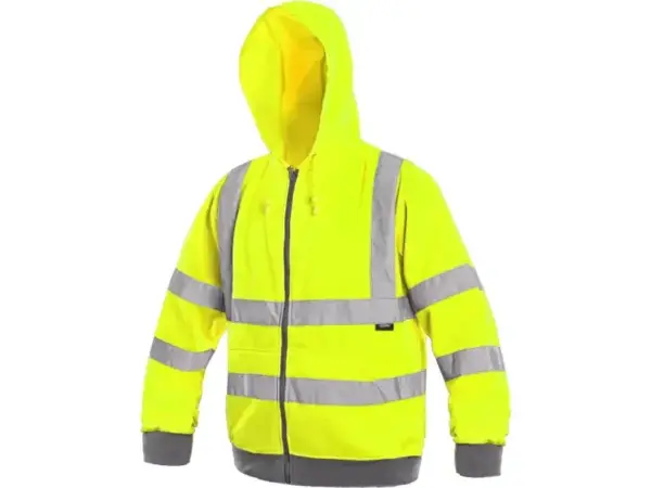 Bluza Frome ostrzegawcza żółta z kapturem - widok z przodu, zapięta na ciemny zamek, z postawionym kapturem, widoczne poziome i pionowe pasy odblaskowe oraz ciemnoszare ściągacze na rękawach i u dołu - wycięte na białym tle studyjnym