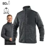 bluza robocza hampton z materiałów recyklingowych - ciemnoszara, rozpinana, zaprezentowana na uśmiechniętym modelu oraz jako samodzielny produkt z przodu, z widoczną ikoną 80 butelek PET i szkicem kroju - wycięte na białym tle studyjnym