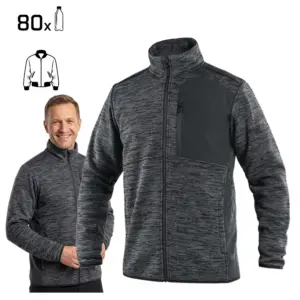 bluza robocza hampton z materiałów recyklingowych - ciemnoszara, rozpinana, zaprezentowana na uśmiechniętym modelu oraz jako samodzielny produkt z przodu, z widoczną ikoną 80 butelek PET i szkicem kroju - wycięte na białym tle studyjnym