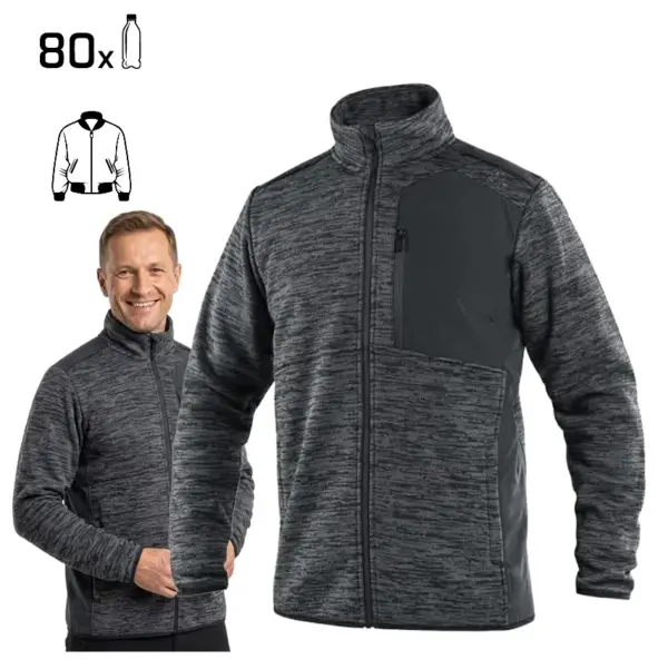 bluza robocza hampton z materiałów recyklingowych - ciemnoszara, rozpinana, zaprezentowana na uśmiechniętym modelu oraz jako samodzielny produkt z przodu, z widoczną ikoną 80 butelek PET i szkicem kroju - wycięte na białym tle studyjnym