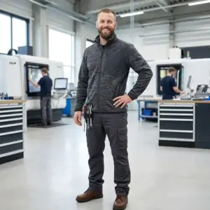 Ciemnoszara bluza robocza Hampton zapinana na zamek, o melanżowej strukturze z gładkimi wstawkami na ramionach i klatce piersiowej. Ubranie zaprezentowane na uśmiechniętym pracowniku z narzędziami przy pasie, stojącym w jasnej, nowoczesnej hali produkcyjnej z maszynami CNC w tle.