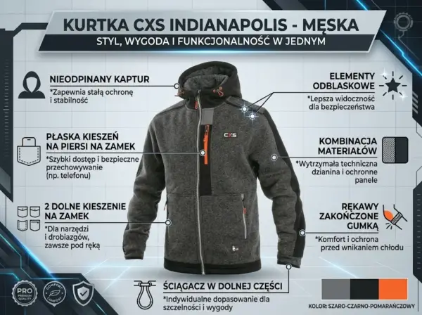 Męska bluza robocza CXS Indianapolis - widok z przodu w formie infografiki produktowej ze wskaźnikami detali takich jak kaptur, kieszenie na zamek z pomarańczowymi akcentami i ściągacze - zaprezentowana na nowoczesnym, technicznym tle z siatką