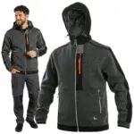 ciepła bluza robocza indianapolis casual - szaro-czarna z kapturem i pomarańczowymi zamkami, zestawienie widoku na uśmiechniętym modelu oraz powiększonej bluzy z przodu - wycięte na białym tle studyjnym.