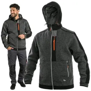 ciepła bluza robocza indianapolis casual - szaro-czarna z kapturem i pomarańczowymi zamkami, zestawienie widoku na uśmiechniętym modelu oraz powiększonej bluzy z przodu - wycięte na białym tle studyjnym.