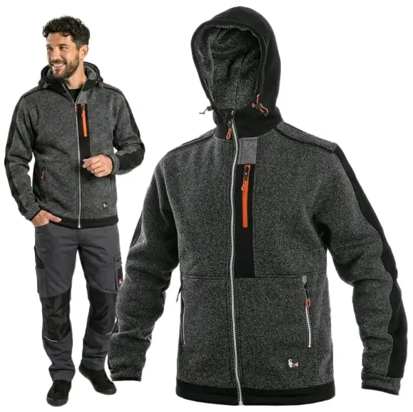 ciepła bluza robocza indianapolis casual - szaro-czarna z kapturem i pomarańczowymi zamkami, zestawienie widoku na uśmiechniętym modelu oraz powiększonej bluzy z przodu - wycięte na białym tle studyjnym.
