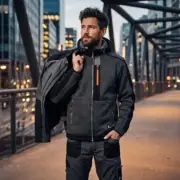 Szaro-czarna bluza dzianinowa Indianapolis na modelu trzymającym kurtkę na ramieniu, widoczny pomarańczowy