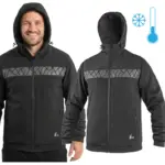 bluza polarowa robocza z kapturem mesa cxs - czarna z odblaskowym geometrycznym pasem na klatce piersiowej, widok z przodu na uśmiechniętym modelu oraz obok jako sam produkt, z ikonami śnieżynki i termometru - wycięte na białym tle studyjnym