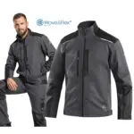 bluza robocza męska solis czarno-szara - ciemnoszary materiał z czarnymi wstawkami na ramionach i przedramionach, widok z przodu na modelu oraz jako osobny produkt obok - wycięte na białym tle studyjnym z widocznym logo Move&Flex