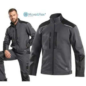 bluza robocza męska solis czarno-szara - ciemnoszary materiał z czarnymi wstawkami na ramionach i przedramionach, widok z przodu na modelu oraz jako osobny produkt obok - wycięte na białym tle studyjnym z widocznym logo Move&Flex