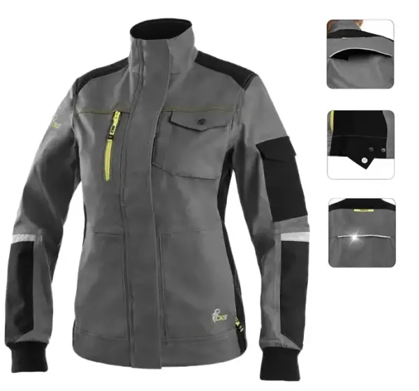 Szaro-czarna bluza stretch damska CXS - widok z przodu z czarnymi wstawkami na ramionach i żółtym suwakiem kieszeni piersiowej, obok trzy mniejsze kadry z detalami wentylacji na plecach, regulacji mankietów i odblasków - wycięte na białym tle studyjnym.