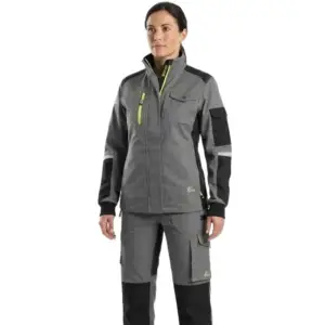Damska bluza robocza stretch - szaro-czarna z neonowymi żółtymi akcentami, widocznymi czarnymi wzmocnieniami na ramionach i kieszeniami na klatce piersiowej, zaprezentowana z przodu na modelce - wycięte na białym tle studyjnym.