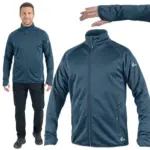 bluza ochronna robocza toronto - w kolorze stalowo-niebieskim, kolaż przedstawiający widok z przodu na modelu, powiększoną bluzę oraz zbliżenie na mankiet z otworem na kciuk - wycięte na białym tle studyjnym
