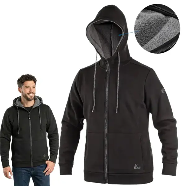 BLUZA Z KAPTUREM HARRISON CZARNO-SZARY ciepła bluza robocza z kapturem harrison czarno-szara - czarna, zapinana na zamek, zaprezentowana na manekinie typu duch z widocznym szarym wnętrzem kaptura, obok model w bluzie oraz okrągłe zbliżenie na wewnętrzny szary polar - wycięte na białym tle studyjnym