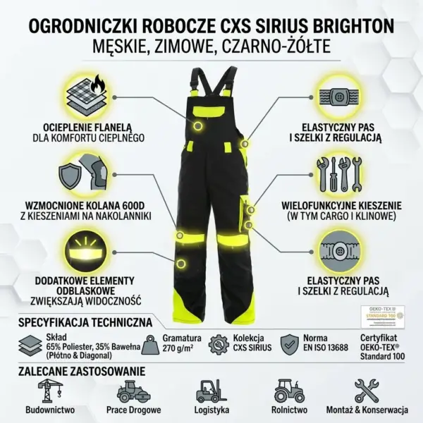 BRIGHTON OGRODNICZKI OCIEPLANE CZ-Ż - infografika produktowa ukazująca przód czarno-żółtych spodni z szelkami. Wokół odzieży znajdują się żółte ikony z opisami kluczowych cech: ocieplenia flanelą, wzmocnień na kolanach, elementów odblaskowych, elastycznego pasa i wielofunkcyjnych kieszeni. W dolnej części umieszczono specyfikację techniczną oraz piktogramy zalecanego zastosowania na jasnym tle z delikatnym wzorem plastra miodu.