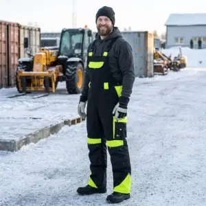 Zimowe ogrodniczki robocze Brighton czarno-żółte - uśmiechnięty model w szarej bluzie i rękawicach prezentuje spodnie z przodu, widoczne jaskrawe wstawki na kolanach i kieszeniach - na zaśnieżonym placu przemysłowym z żółtą maszyną budowlaną w tle