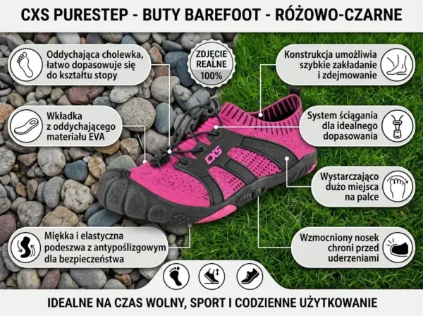 Buty barefoot Purestep różowy - infografika produktowa ze zdjęciem obuwia pod kątem, zawierająca wskaźniki z opisem cech takich jak oddychająca cholewka, system szybkiego wiązania i wzmocniony nosek - na podzielonym tle z szarych kamieni i zielonej trawy.