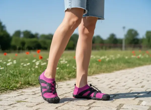 Buty barefoot Purestep różowy - zbliżenie z boku na stopy w ruchu, widoczna elastyczna podeszwa, różowa dzianina z czarnymi elementami i systemem szybkiego sznurowania - na brukowanej ścieżce w słoneczny dzień, w tle zielona łąka.