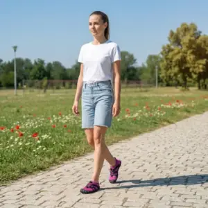 Damskie buty barefoot Purestep w kolorze różowym - założone na stopy kobiety idącej po brukowanej ścieżce, ujęcie całej sylwetki pod kątem. Modelka ubrana jest w biały t-shirt i jasne dżinsowe szorty - w tle słoneczny park z zieloną trawą, czerwonymi kwiatami i drzewami.