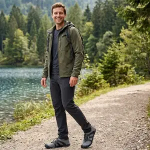 Szare buty barefoot CXS Purestep na stopach uśmiechniętego mężczyzny w zielonej kurtce i ciemnych spodniach. Ujęcie całej sylwetki w ruchu na szutrowej ścieżce, w tle widoczne górskie jezioro i las iglasty.
